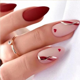 Valentine's Day Press on Nails Almond Medium Fake Nails Matte Red Stick on Nails with Heart Golden Lines Designs Acrylic Glue on Nails Burgundy False Nails Glossy Glue on Nails for Women Girls 24 Pcs