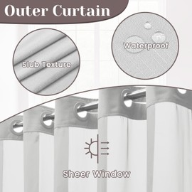 SORTTO No Hook Slub Textured Shower Curtain with Snap in Liner - Grey Fabric Outer Curtain & Waterproof Inner Liner, Hotel Style with See Through Top Window, 71x77 in