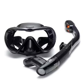 Dry Snorkel Set, Panoramic Wide View, Anti-Fog Scuba Diving Mask, Professional Snorkelling Gear (Black)