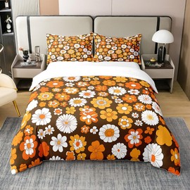 jejeloiu 60S 70S Groovy Duvet Cover 100% Cotton Twin Size Retro Hippie Flower Comforter Cover Set Vintage Boho Plant Floral Bedding Cotton Duvet Cover Set Botanical Blossom Brown Bedspread Cover