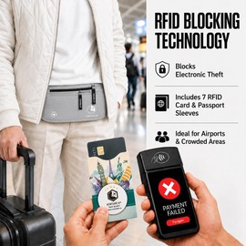 VENTURE 4TH Cinturón de Viaje Anti Robo Riñonera Portadocumentos para Hombres y Mujeres con Mangas RFID para mantener seguro su Dinero, Documentos y Pasaporte (Plateado)
