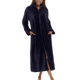 A2Z Womens Zip Through Winter Ribbed Dressing Gown - Ladies Gown AZ333 Navy 16-18