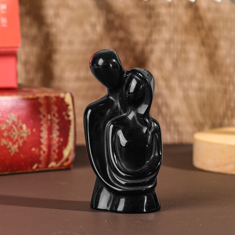 Rockcloud Natural Black Obsidianl Hugging Couple Statue Romantic Love Stone