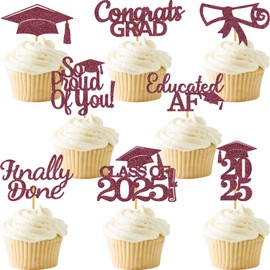 48PCS Graduation Cupcake Topper Glitter Grad Class Food Picks Congratulations Party Decoration Ideas Maroon