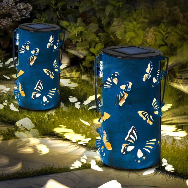 Greenidea 2 Pack Hanging Solar Lanterns Retro Solar Lights with Handle, Outdoor Solar Garden Lights Decor with Butterfly Pattern for Yard Tree Lawn Fence Patio,Blue2