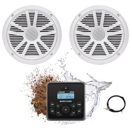 Marine Audio System with Marine Speakers and Gauge Receiver Package, IPX6 Weatherproof Bluetooth Audio Receiver and AM FM Radio Receiver, USB, MP3, Aux Input, 2 x 6.5 Inch Boat Speakers