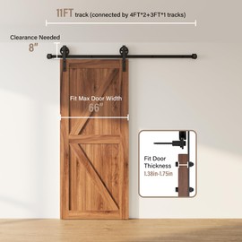 WINSOON 5-16FT Single Wood Sliding Barn Door Hardware Basic Black Big Spoke Wheel Roller Kit Garage Closet Carbon Steel Flat Track System (11FT)