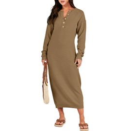 ANRABESS Women Long Sleeve Button V Neck Oversized Casual Loose Fit Waffle Knit Fall Midi Sweater Dress 2024 Trendy Outfits Khaki Large