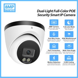 MWRCTV 4K 8MP Security Audio Dome Camera Smart Dual Lights PoE Turret IP Camera Outdoor Indoor,2.8mm Wide Angle Lens,AI Human Detection,Color Night Vision,Built-in Mic,Metal Case,IP67 Waterproof