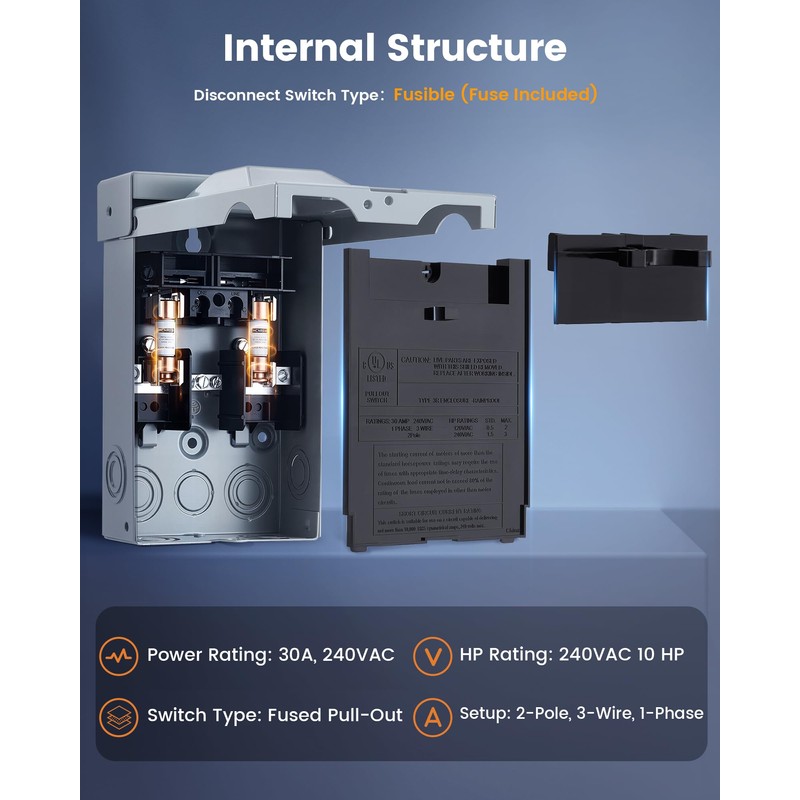 SURAIELEC 30 Amp Fused AC Disconnect Box, Outdoor Pull-Out Switch
