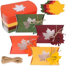 JarThenaAMCS 40Pcs Fall Treat Boxes with Gift Tags Hemp Rope 4 Colors Pillow Box with Maple Leaf Shape Window Paper Gift Container for Autumn Thanksgiving Sweets Chocolate