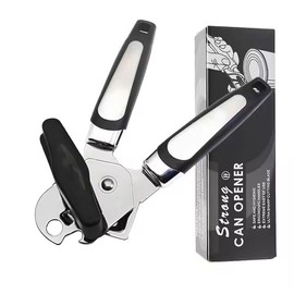 Manual Can Opener with Ergonomic Handles, Stainless Steel, Black and White