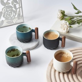 BlogBlog Ceramic Espresso Cups with Wooden Handle Espresso Shot Cups Ceramic Tea Cups Porcelain Demitessa Cups for Coffee or Tea, 3oz (white, 2)