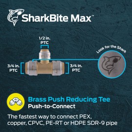 SharkBite Max 3/4 Inch x 3/4 Inch x 1/2 Inch Reducing Tee, Push To Connect Brass Plumbing Fitting, PEX Pipe, Copper, CPVC, PE-RT, HDPE, UR412A