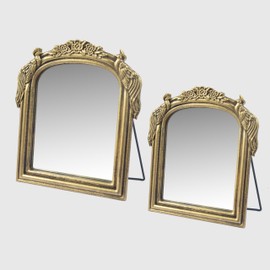 JWZSKZYZ Vintage Vanity Makeup Desk Mirror，Wood Framed Antique Arched Decor Mirror,Vertical, Suspended or Wall Mounted,Used for Bedroom, Living Room, Bathroom, Desktop Dressing Table (1set-Gold)