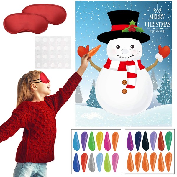Christmas Party Pin Games Set Pin The Nose on The Snowman Pin The Beard on The Santa Claus Pin The Nose on The Reindeer for New Year Xmas Party Supplies（Snowman）