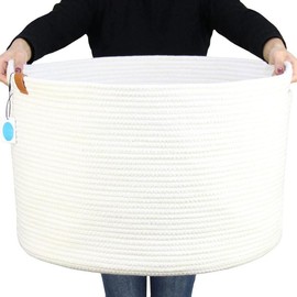 XXXLarge Cotton Rope Basket for Living Room - Woven Storage Basket with Handle for Blankets, Towels and Pillows Laundry Hamper (21" x 21" x 13.8") - Color: white and gray