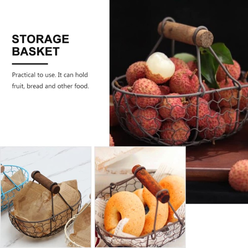 Angoily Pack of 3 Wire Egg Basket with Wooden Handle