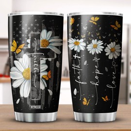 MYMISOR Faith Hope Love Tumbler Vintage Daisy Flowers Insulated Monarch Butterfly