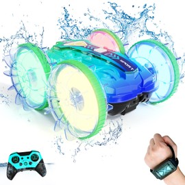28℃ Amphibious Remote Control Car Car for Kids, 4WD Gesture Sensing RC Waterproof All Terrain Water Beach Pool Boat Car with Lights, 2.4GHz RC Truck, 360° Rotating Toys Gift for Boys Girls (Blue)