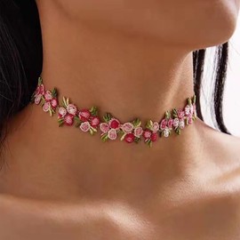 Inilbran Boho Lace Flower Necklace Choker Vintage Flower Lace Choker Necklace Pink Rose Flower Lace Necklace Gothic Short Lace Flowers Necklace Retro 90s Choker Necklace Jewellery, Zinc, No Gemstone