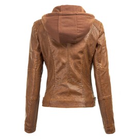 Made By Johnny MBJ WJC1044 Womens Faux Leather Quilted Motorcycle Jacket with Hoodie XXL Camel