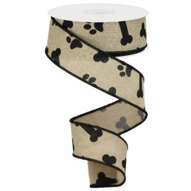 Expressions Beige Ribbon Black Paw Prints & Dog Bones 1.5" Paw Print Wired 10 Yd Roll 1 1/2"