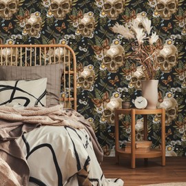 VEELIKE Dark Gothic Wallpaper Skulls Ferns Peel and Stick Wallpaper Floral Wallpaper for Bedroom Bathroom Living Room 17.7''x118'' Removable Adhesive Skulls Art Decor Mural for Walls Cabinets Home