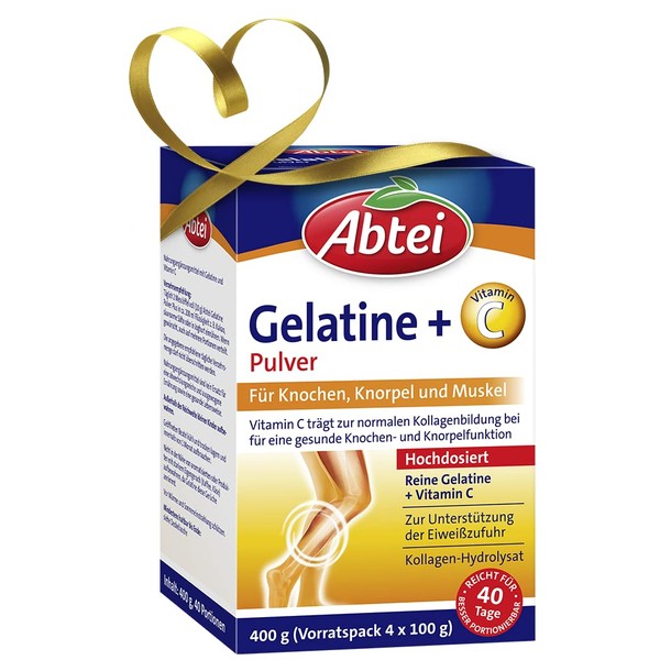 Abtei Gelatin Powder Plus - Pure Gelatin and Vitamin C for Bones, Cartilage and Muscles - Laboratory Tested and High Dose - 400 g (4 x 100 g) - Supply Pack for 40 Days