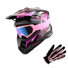 1Storm Youth Kids Motocross Helmet BMX MX Bike Helmet Teenager Racing Style; Racing Pink + Goggles + Skeleton Glove Bundle