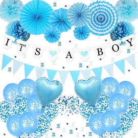 Baby Shower Decoration Boy - Pack of 45 Blue Baby Shower Decoration with Its A Boy Garland Banner Bunting Balloons Paper Fan Pompoms and Confetti, Welcome Baby Boy Gender Reveal Party Decoration