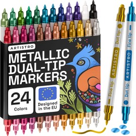 ARTISTRO 24 Metallic Acrylic Paint Markers for Rock, Fabric, Wood, Glass, Craft, Decoration - Dual-Tip Paint Pens - Stocking Stuffers, Christmas Gift Idea for Teens, Grandkids, Kids - Art Supplies