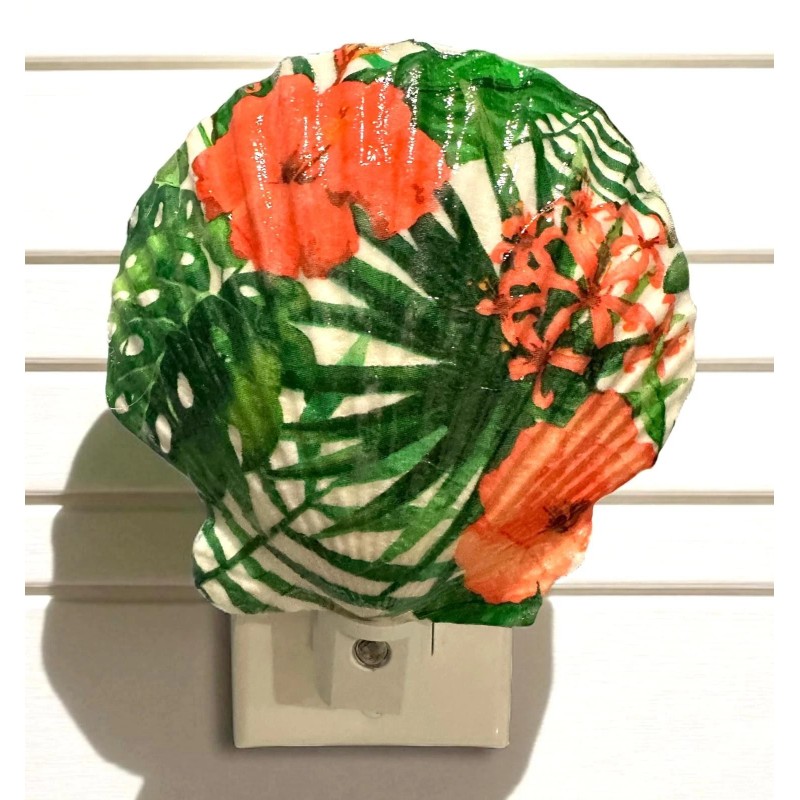 Nightlight Hibiscus Coastal Scallop Shell Decoupage Shell Art Light- Beach