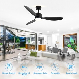 52 Inch Ceiling Fans with LED Light Remote Control, Modern Ceiling Fan with Reversible DC Motor, 3 Blades and 3 Color Temperature, LED Light Chandelier for Bedroom (Black)