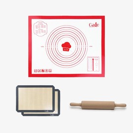 Silicone Pastry Baking Mat - 28" x 20"Inch High Temperature Resistant, Combo Set with 2 Piece 16.5"*11.5"Inch Basic Baking Mat and 1 Piece Rolling Pin, BPA-Free, Non-Stick, Easy to Clean, Bakeware Utensils Oven Thick - Color: Reddish Brown