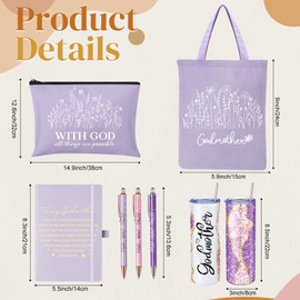 Patelai 7 Pack Godmother Proposal Gifts Set for Women 20 oz Stainless Steel Tumbler with Straw Godmother Bag Canvas Cosmetic Bag A5 Diary Journal Ballpoint Pens for Godmom Gifts from Godchild(Purple)