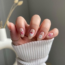 Christmas Press on Nails Short Almond Winter Fake Nails Nude Full Cover Santa Claus False Nails with Snowman Designs Candy Glossy Glue on Nails Cute Acrylic Manicure Artificial Nails for Women Girls