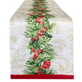 Newbridge Christmas Holly Ribbon Traditions Bordered 70 Inch Long Table Runner, Boughs of Holly and Berry Ribbon Garland Dining Table Runner for Holiday Party