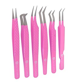 Abdul of Silakor Eyelash Extension Tweezers Set 6 Piece for Volume Lash Extensions Stainless Steel Eyelash Tweezers for Lash Extensions Isolation & Classic Lashes Tweezers Set (Gulabi Pink)