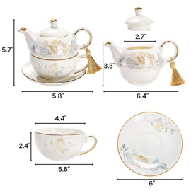 Nagpew Tea for One Set, Porcelain Floral Teapot Cup Saucer Set with Tassel Decorative Gold Rim, Vintage Bone China Teapot Gift for Women Home Office, Rose Pattern