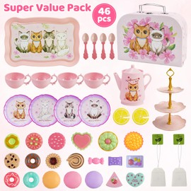 Motiloo 46pcs Cat Tea Party Set for Little Girls,Pretend Play Tea Set for Toddlers 3-8,Includes Plastics Tea Set, Desserts, and Carrying Case