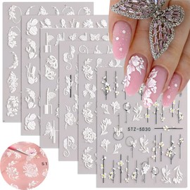 6 Sheets Nails Stickers with Flower Design 5D Self-Adhesive Embossed Engraved Nail Decals White Nails Decal Nail Art Supplies for Women Decorations