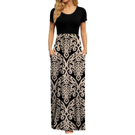 DB MOON Womens 2025 Casual Summer Plus Size Maxi Dresses Short Sleeve Empire Waist Long Dress with Pockets(Black and Gold, XL)