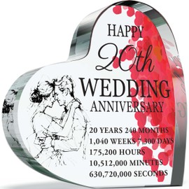 20th Anniversary Plaque Gifts for Wife Husband - Happy China Wedding Anniversary - I Love You Romantic Acrylic Heart Gift For Women Men, 100mm x 100mm Present For Couples Twentieth Anniversaries