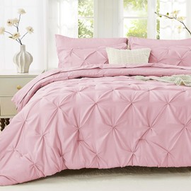 Sasttie King Size Comforter Set, 7-Piece Bed in a Bag, Pintuck Bedding Sets for All Season, Includes Comforter, Flat Sheet, Fitted Sheet, Pillowcases and Pillowshams, Baby Pink