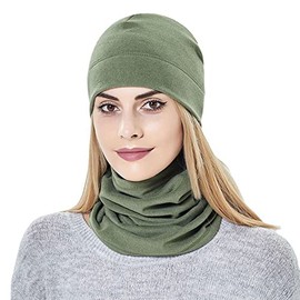 Micoop Fleece Beanie hat and Neck Warmer Set Light Weight Solid Color Skull Cap Scarf Mask for Men and Women (Military Green)