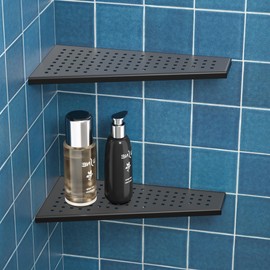 Bernkot Corner Shower Shelf 2PCS, Trapezoid Bathroom Shelves 12'' for Tiled Wall, 304 Stainless Steel Grout in Shelf, No Drilling Needed (Black)