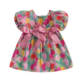 Toddler Baby Girl Summer Dress Pink Bow Tulip Floral Puff Short Sleeve Dresses Smocked Princess Sundress (Red, 2-3 Years)