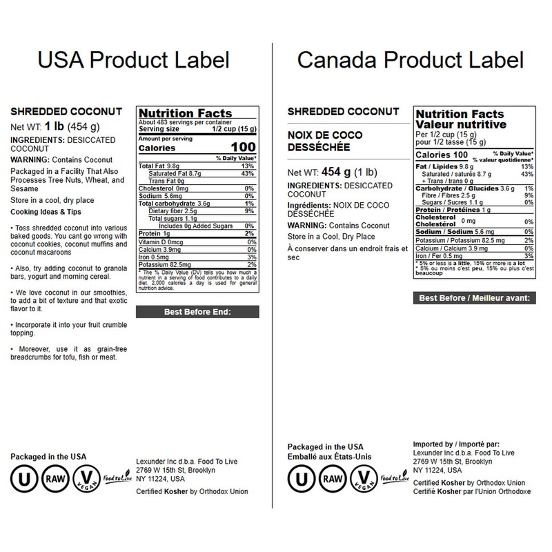 Food to Live - Shredded Coconut, 1 Pound Unsweetened Coconut