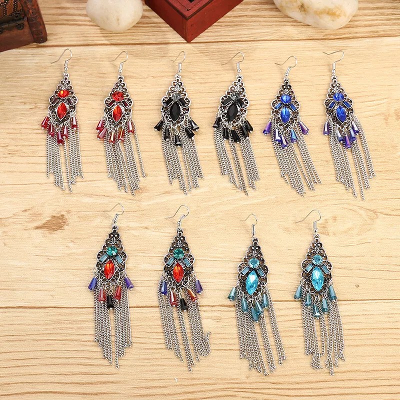 Unbranded Retro Silver 4" Multi Water Drop Crystal Chain Tassel